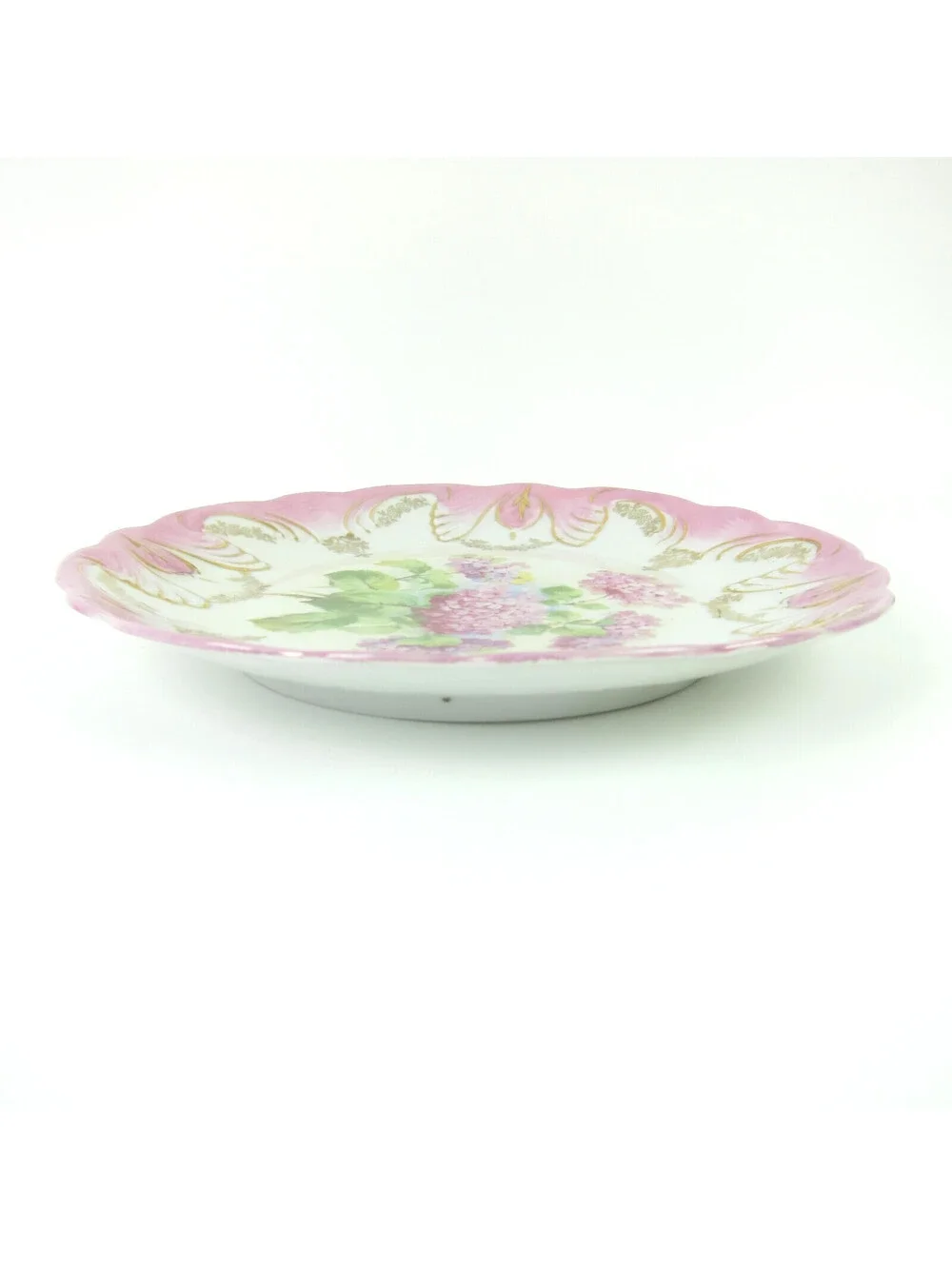 Antique Porcelain Plate Hydrangea Flowers Pink Rim Gold Accents 8